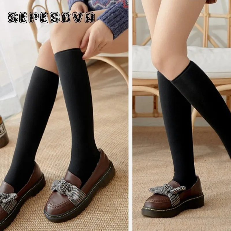 

Winter Warm Stylish black solid Short thick stockings Women Plus velvet Cotton elastic for lady Christmas sox 2 color Mid