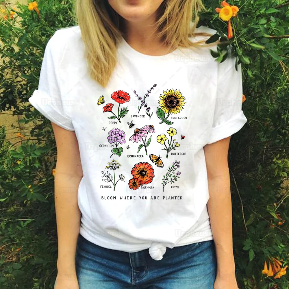 

New Arrival Cute Plants Shirt Bloom Where You Are Planted Botanical Flower Harajuku Shirt Summer Top Tees