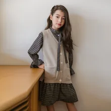 Girls Plaid Dresses and Knit Vest Two-piece Set Baby Girls Casual Clothing Set Kids New Autumn and Winter Clothing Set,#8116