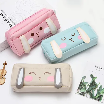 

Cartoon Long ears Rabbit school pencil case Cute Canvas Double layer pencil bag box Stationery pen pouch office school supply