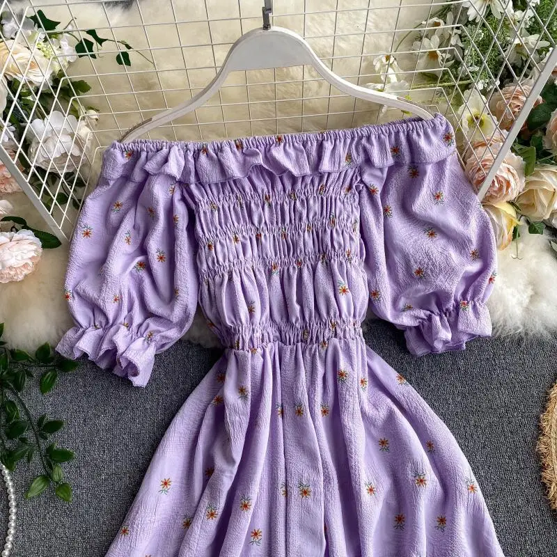 SINGRAIN Women Ruched Ruffle Dress Korean Puff Sleeve Slash Neck A Line Dress Summer Vacation Casual Print Floral Dress 2020