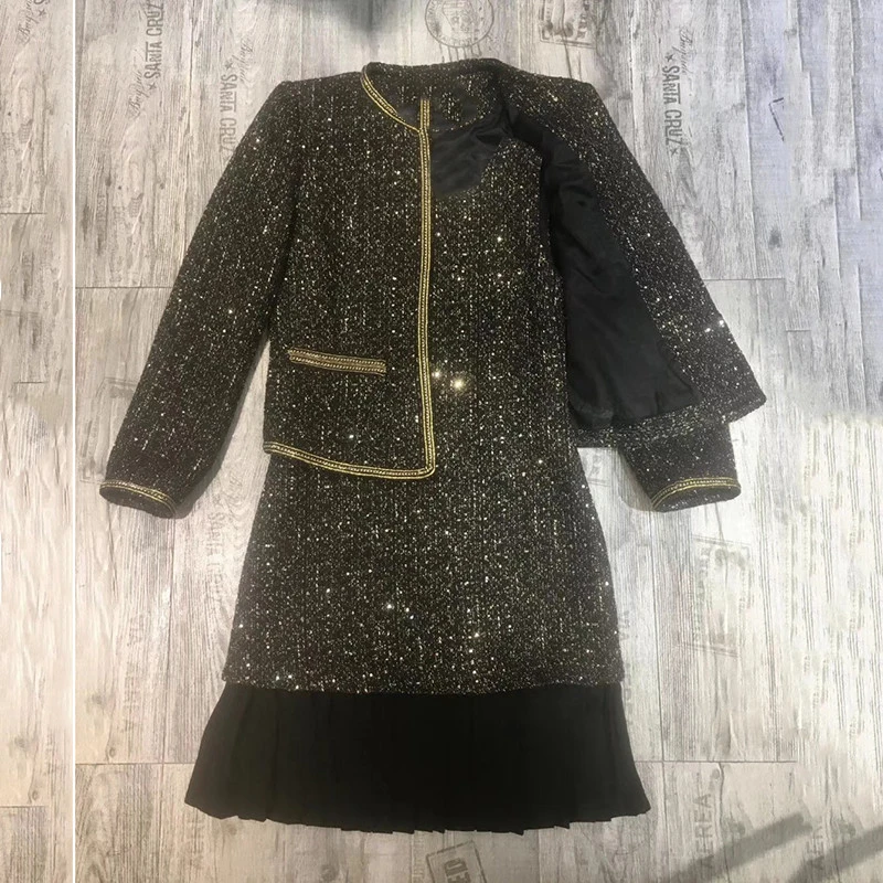 

Women Tweed Suits 2 Pieces Set Office Wear Jacket And Mini Dress Set 2019 Autumn Female Dresses Suits