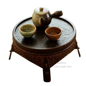 melhor Mesa De Chá Chinesa Estilo Tailandês Retro Kungfu Conjuntos De Chá Incluem Cestas De Bambu Com Tampas Para O Agregado Familiar Mesas De Café Redondas 2 Cores