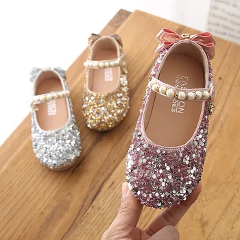 

2019 New Princess Shoes Baby Girl Cute Crystal Leather Flats Shoe Children Sweet Shoe Pearl Shining Princess Fashion Dress Shoes