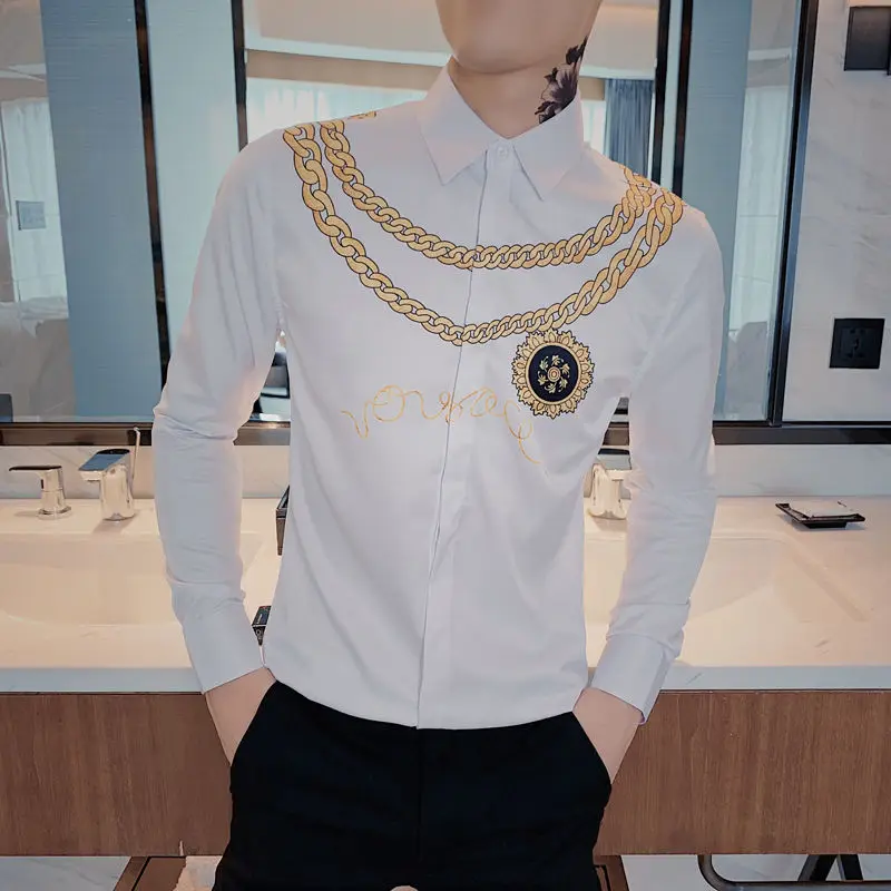 Gold Print Luxury Men Shirt Casual Slim Fit Long Sleeve Male Dress Shirts Club Work Vintage Tuxedo Shirt Camisa Social Masculina