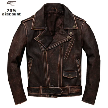 

2020 Vintage Brown Men Biker's Style Leather Jacket Plus Size XXXXXL Genuine Thick Cowhide Slim Fit Leather Coat FREE SHIPPING