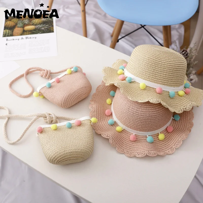 Menoea Girl Hat Summer Beach Cap Breathable Straw Hats Colorful Ball Sweet Princess Seaside with Bag Kids 2-6Y Sunhat | Детская одежда