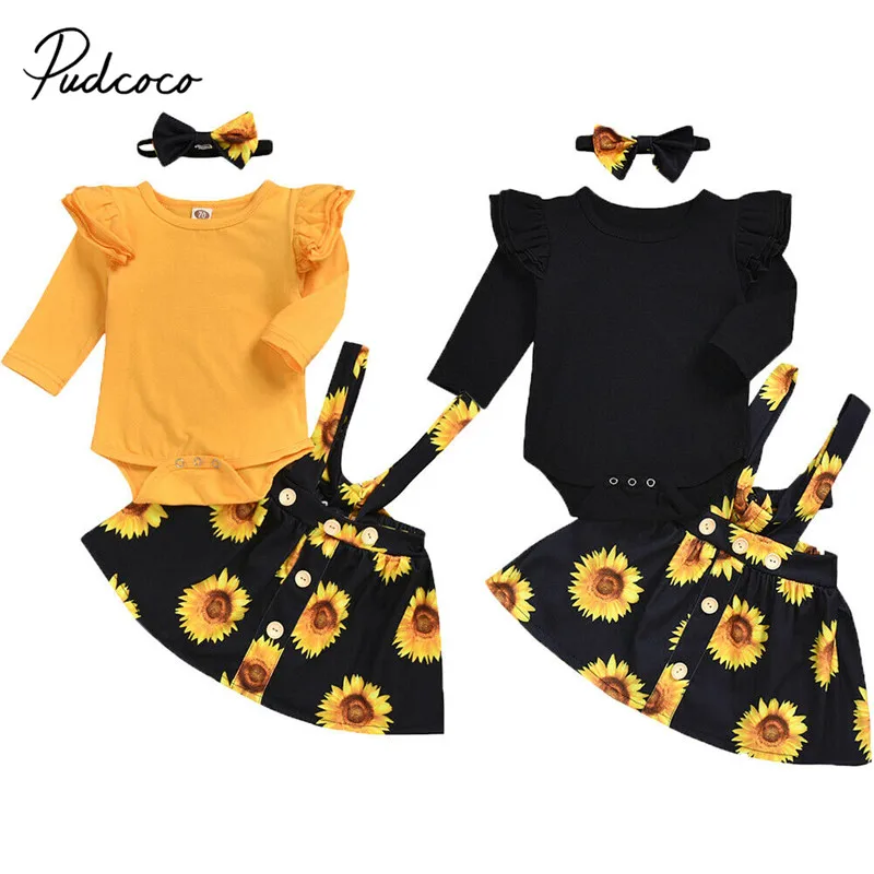 Комплект осенней одежды из 2 предметов для новорожденных девочек желтый, черный хлопковый Вязаный комбинезон, топы, платье на бретелях с подсолнухами