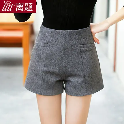 gray 2XL Короткие широкие шорты осень зима шерстяные женские шорты Высокая талия Свободные женские большие размеры попа короткий брюки - Цвет: gray
