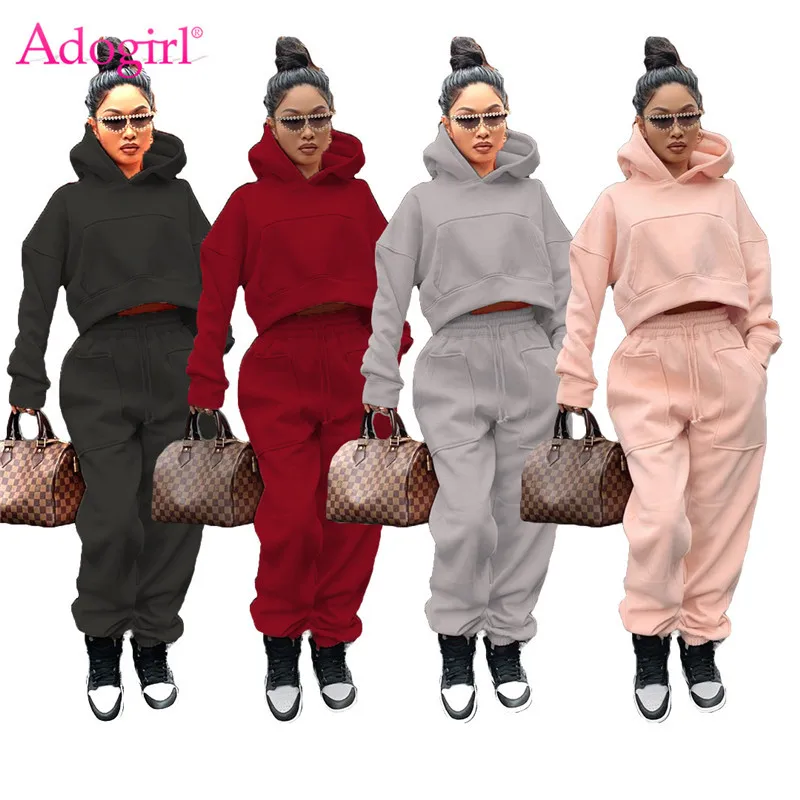 

Женский спортивный костюм Adogirl из двух предметов, короткий свитшот с длинным рукавом и карманами, Модный повседневный спортивный костюм
