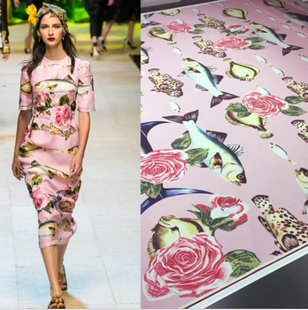 

Fish print polyester fabric meter shirt dress stretch satin fabric handmade DIY clothing fabric wholesale polyester cloth