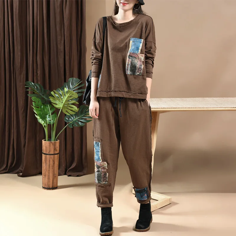 QPFJQD весенне-осенние винтажные женские комплекты Повседневный свободный хлопковый лоскутный пуловер Топы Комплект из двух предметов футболка с длинными штанами-Шароварами