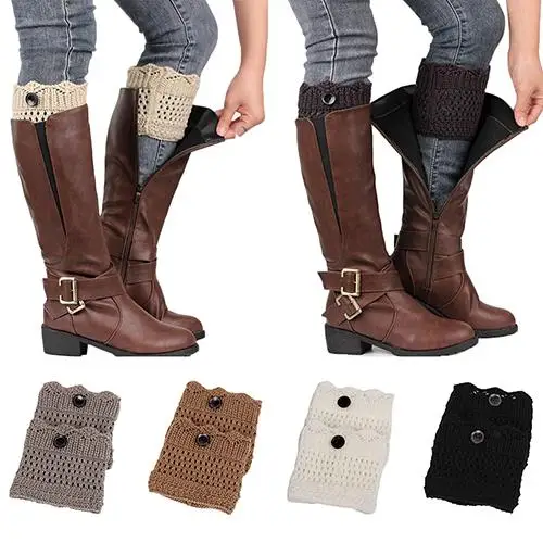Women Ladies Winter Leg Warmers Button Crochet Knit Boot Socks Toppers Cuffs