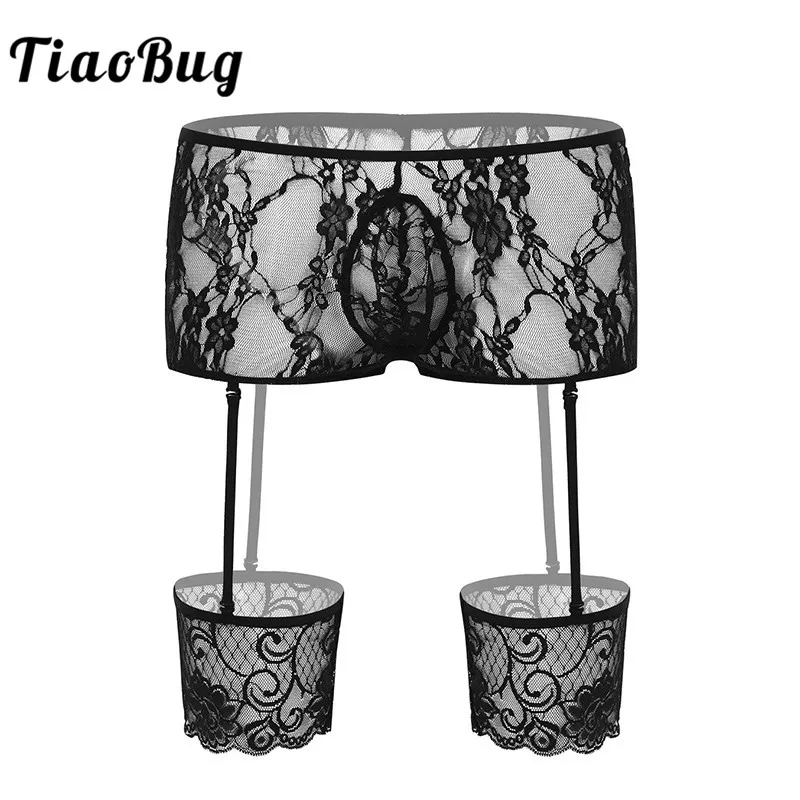 

Hot Sexy Men See-through Black Sheer Lace Erotic Sissy Panties Bulge Pouch Boxer Briefs with Removable Leg Garters Gay Underwear