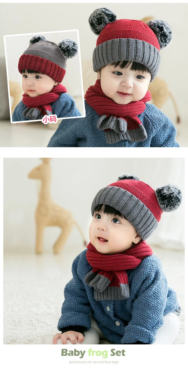 Атласная ткань для мальчиков и девочек, детский вязаный теплый шарф и шапка, Зимний милый комплект для детей от 2 до 28 месяцев
