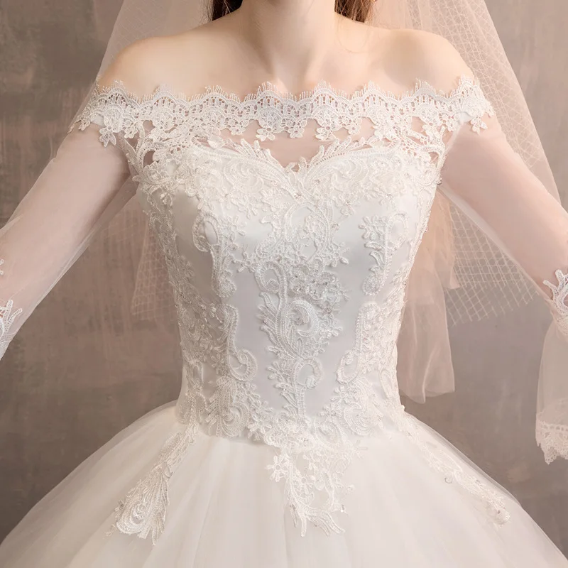 Элегантные белые свадебные платья со шнуровкой с открытыми плечами аппликации с расклешенными рукавами Свадебные платья из фатина для халат атласный De Mariee