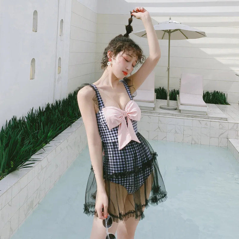 

One-Piece Swimsuit Retro Female Woman One Piece Swimsuits 2020 Solid Japanese Soft Girl Plaid Spandex Swimming Suit For Women