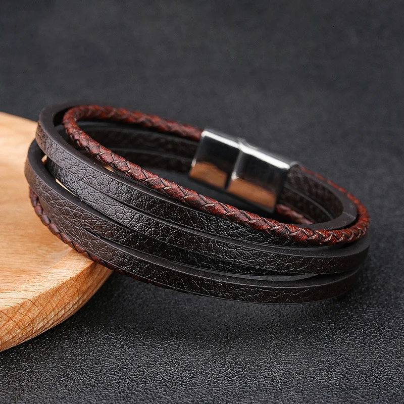 Мужской плетеный кожаный браслет на руку, черный, коричневый, многослойная кожа, магнитная застежка, очаровательные браслеты для мужчин, модные ювелирные изделия, подарки