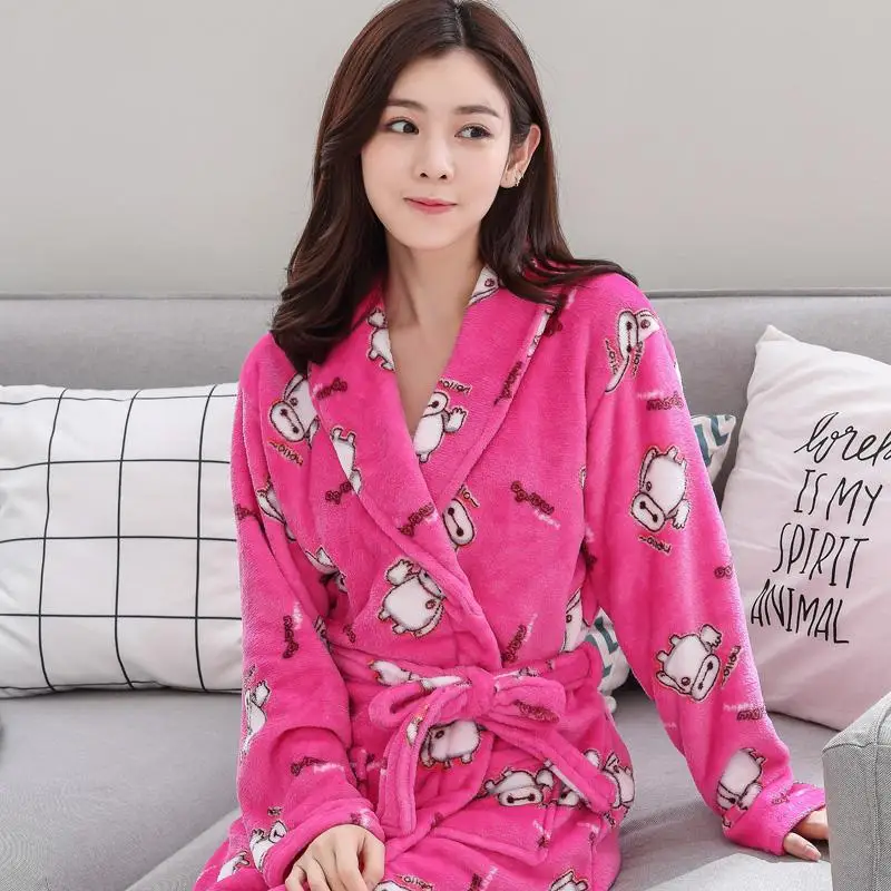 Lovely Robe Women Coral Fleece Nightwear Autumn Winter Warm Sleepwear Intimate Lingerie Home Cothes Flannel Homewear Nightdress - Цвет: Style E