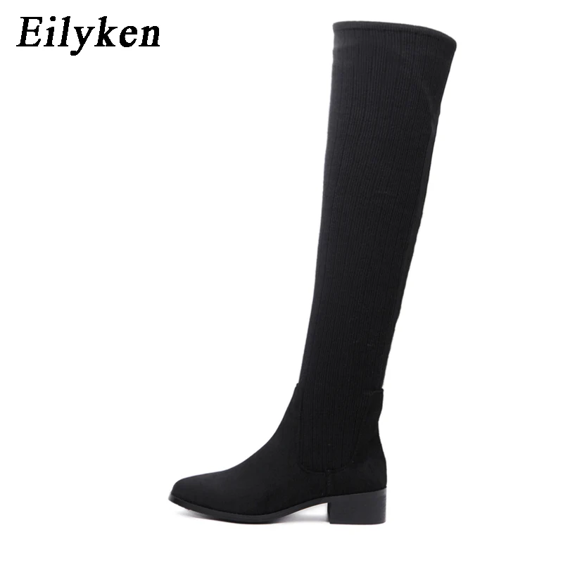 Eilyken/Новинка года; Сапоги выше колена с круглым носком; черные сапоги из эластичной ткани; женская зимняя обувь; Размеры 35-41