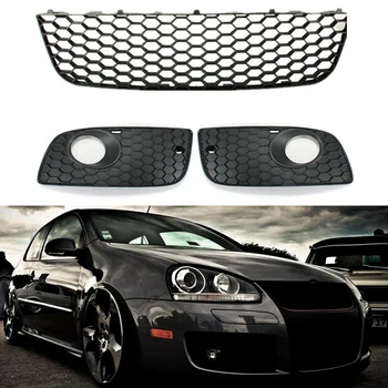 

Mesh Front Bumper Lower Center Honeycomb Grille + Fog Light Grilles Set For-Golf Mk5-Jetta 2004-2009