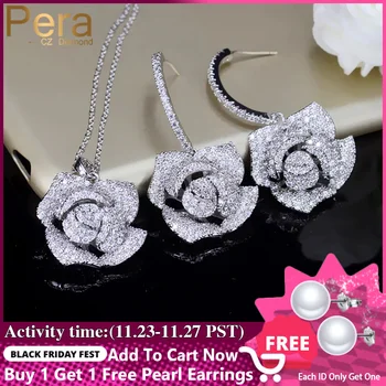 

Pera Romantic Rose Flower Earrings and Necklace Big Bridal Wedding Party Cubic Zirconia Jewelry Sets Lovely Gift for Brides J197