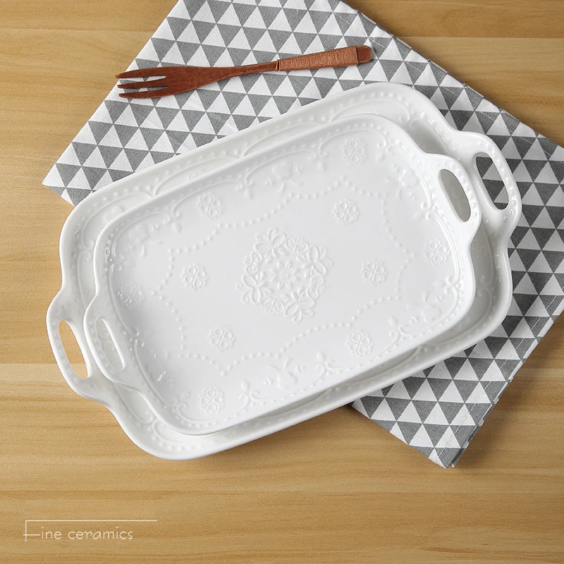 2pcsset1012inchwhiteembossedporcelainsquaretraywithhandle