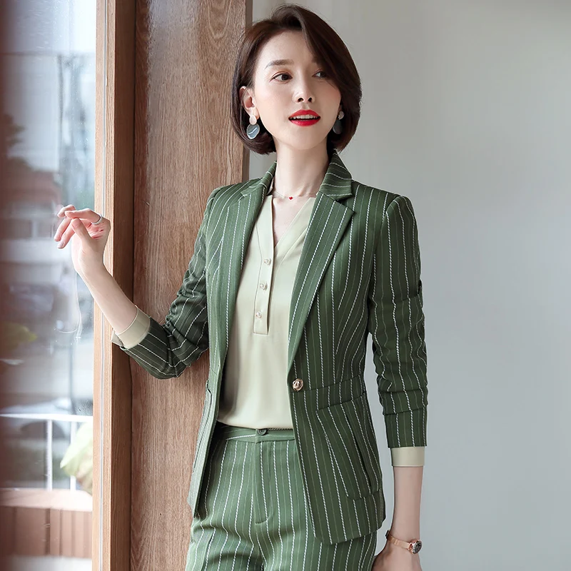 green coat and pant IZICFLY новые осенние зеленые полосатые Формальные женские костюмы женский костюм офисная форма дизайн элегантные деловые брюки костюм рабочая одежда розовый - Цвет: green coat and pant