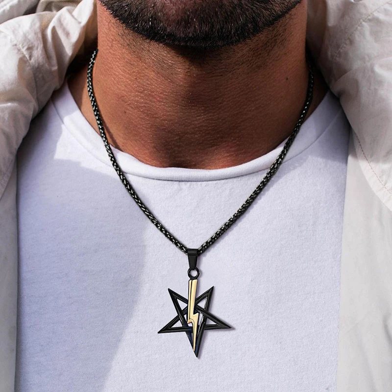 PENTAGRAM WITH LIGHTNING BOLT PENDANT SATANIC SYMBOL STAINLESS STEEL ANTON LAVEY SIGIL NECKLACE AMULET TALISMAN SIGN | Украшения и