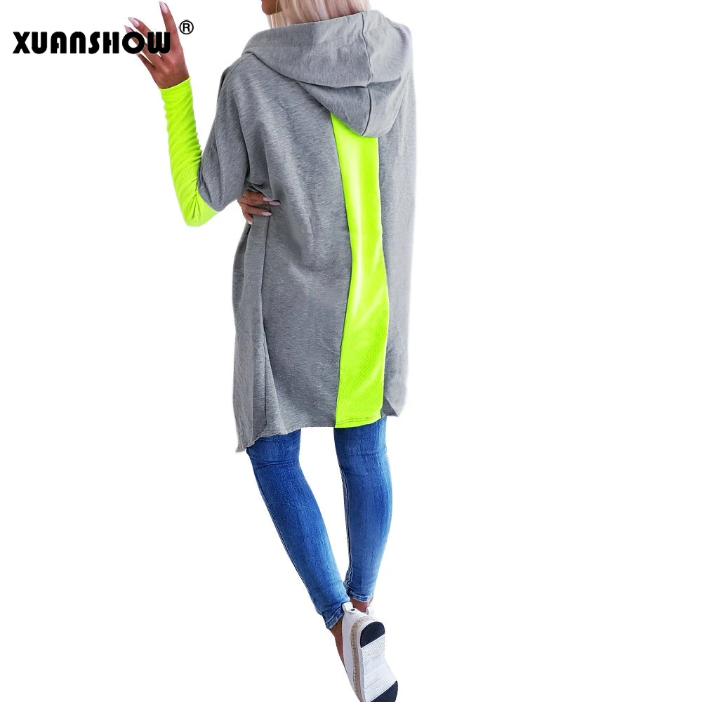 XUANSHOW/Новое поступление осенних толстовок с открытым стежком женские куртки модные Светоотражающие зеленые розовые Лоскутные Длинные женские пальто Mujer