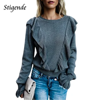 

Stigende Autumn Thin Long Sleeve Knitted Pullovers Women Casual O Neck Ruched Pullover Fashion Sexy Plain Ruffle Tops Pullovers