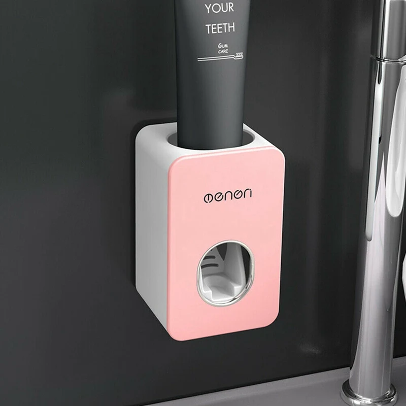 Pink Auto Automatic Toothpaste Dispenser Wheat Straw Squeezer Bathroom Wall Mount - Color: Pink
