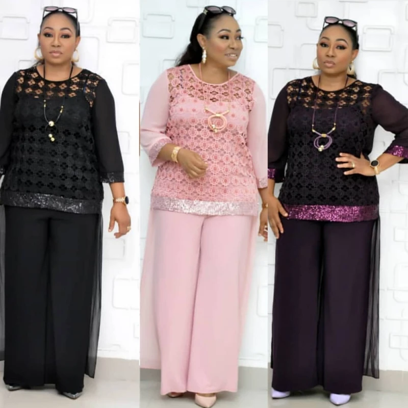 

3 Piece Sets African Sets For Women Sequined African Elastic Bazin Baggy Pants Rock Style Dashiki Sleeve Famous Suit For Lady