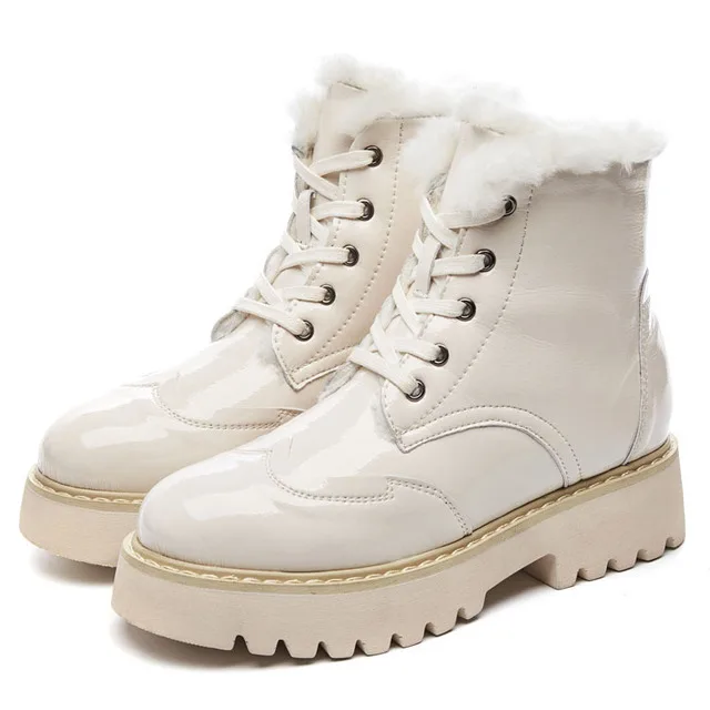 Plus velvet snow boots female winter new wool boots patent leather non-slip Lace-Up Wedges cotton boots J281