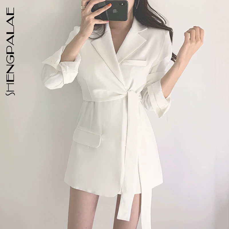 

SHENGPALAE Autumn Winter 2019 Flare Sleeve Bandage Women Blazer Turn-down Collar Pocket Korea Style Female Jactet FS873