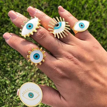

2020 New Cute Vintage White Oil Drop Evil Eye Knuckle Rings For Women Ladies Personalized Gold Ring Set Eye Shape Ring