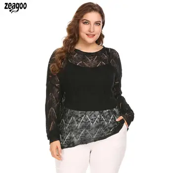 

Women Plus Size Lace Sweater Hollow Out Round Neck Back Button Down Holes Casual Thin Oversize Slimming