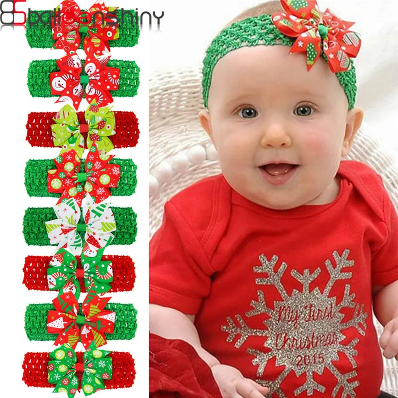 

BalleenShiny Baby Christmas Big Bowknot Headband Soft Elastic Headwear Printing Head Accessories For Boys Girls Photograpy Prop