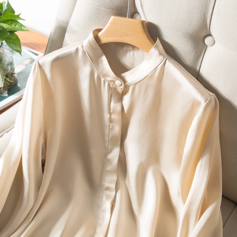 SuyaDream Solid Blouse Women 100%Silk Satin Long