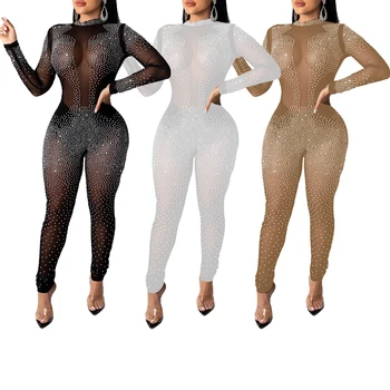 

Sexy Nightclub Perspective Outfit Mesh Crystal See Through Jumpsuits