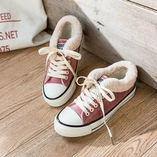 Женская зимняя парусиновая обувь с меховой подкладкой; повседневные кроссовки с принтом для девочек; теплые зимние кроссовки с плюшевой подкладкой высокого качества