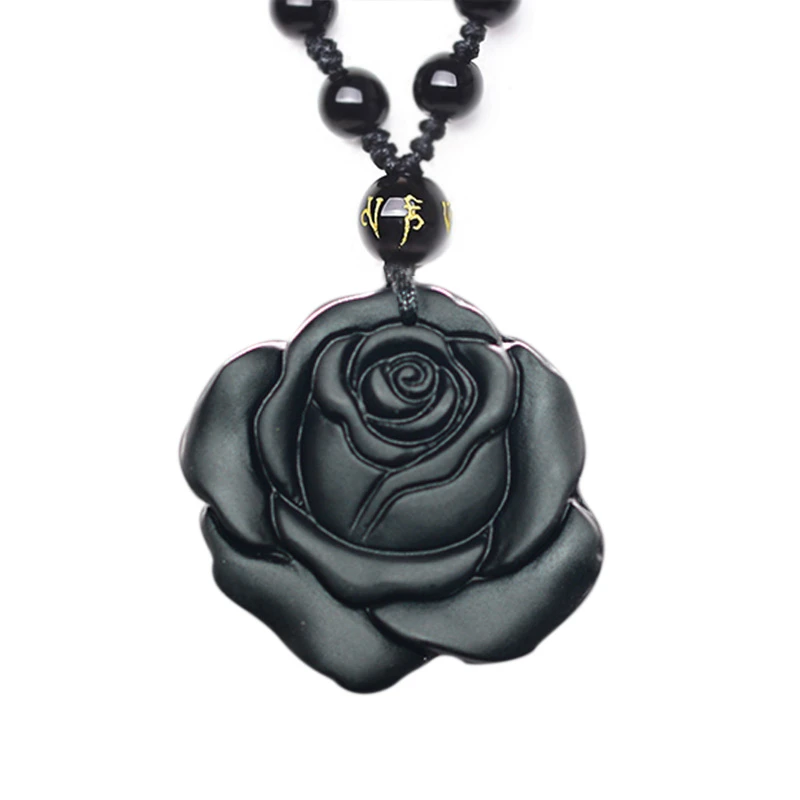 Black Day Gift Black Rose Natural Obsidian Carved Cute Rose Flower Lucky Pendant With Free Beads Necklace Jade Pendants Aliexpress
