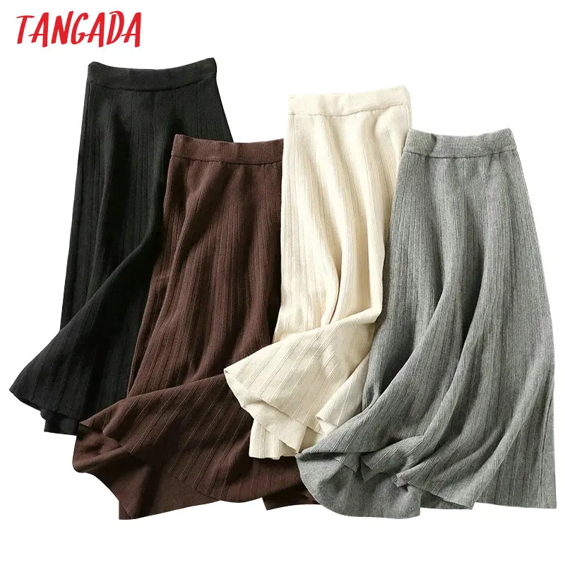 Tangada winter women knit long skirt elastic high waist warm office lady elegant black A-line maxi skirts female bottoms AQX06 Tangada winter women knit long skirt elastic high waist warm office lady elegant black A-line maxi skirts female bottoms AQX06