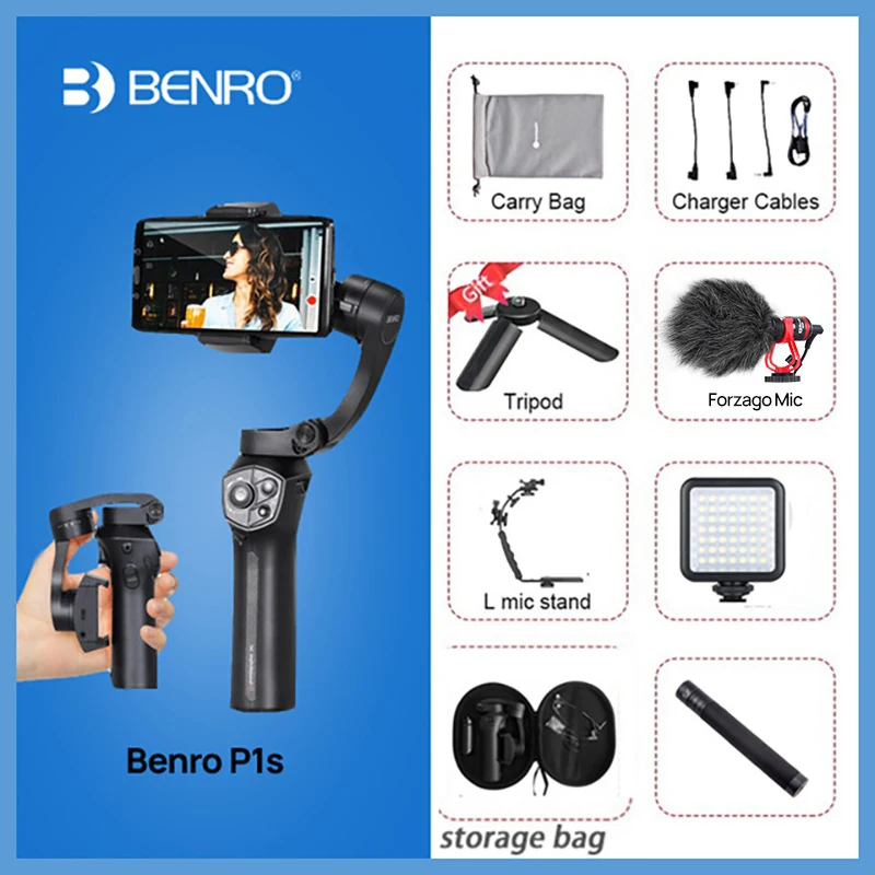 Benro P1s/P1 3 оси ручной карданный смартфон стабилизатор для iPhone X huawei P20 samsung Gopro PK Snoppa Atom DJI OSMO Mobile 2 - Цвет: whole set