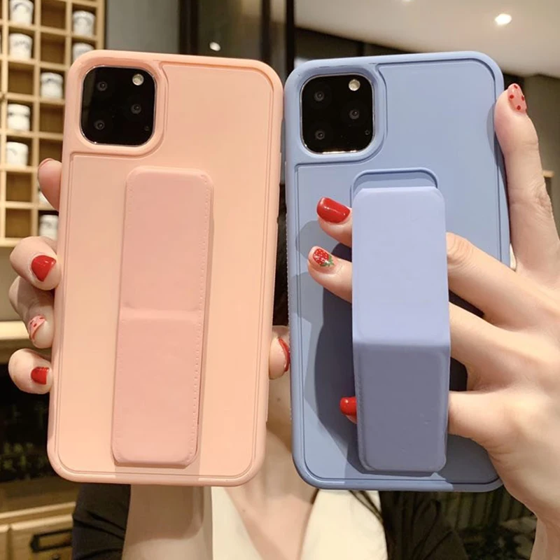 Candy Color Phone Holder Case For iphone 12 13 11 Pro Max X XS max XR 7 8 plus Magnetic bracket Wrist Strap Soft Silicone Cover
