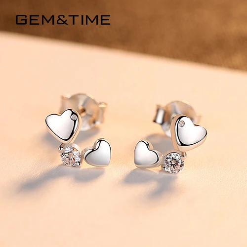 

Gem&Time 100% 925 Sterling Double Heart Stud Earrings Cubic Zirconia Gold Silver Color Earrings For Women Pendientes SE0265