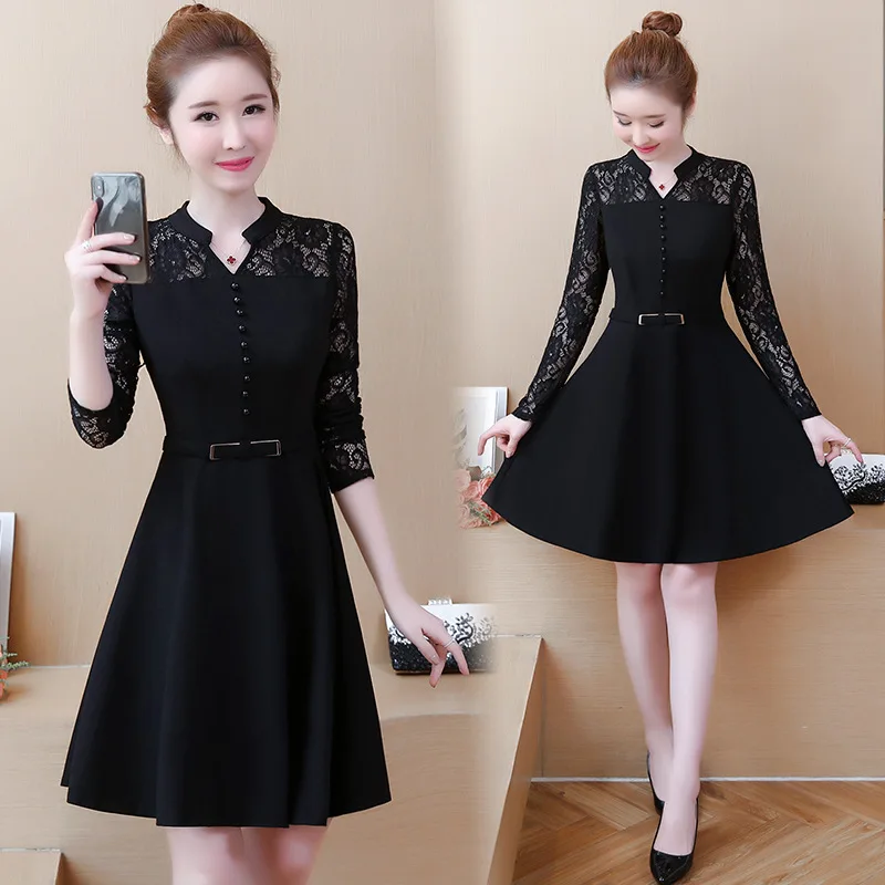 

2019 Autumn Clothing New Style Korean-style Large Size Dress Fat Mm Slim Fit Slimming Lace Splicing Dress Women's