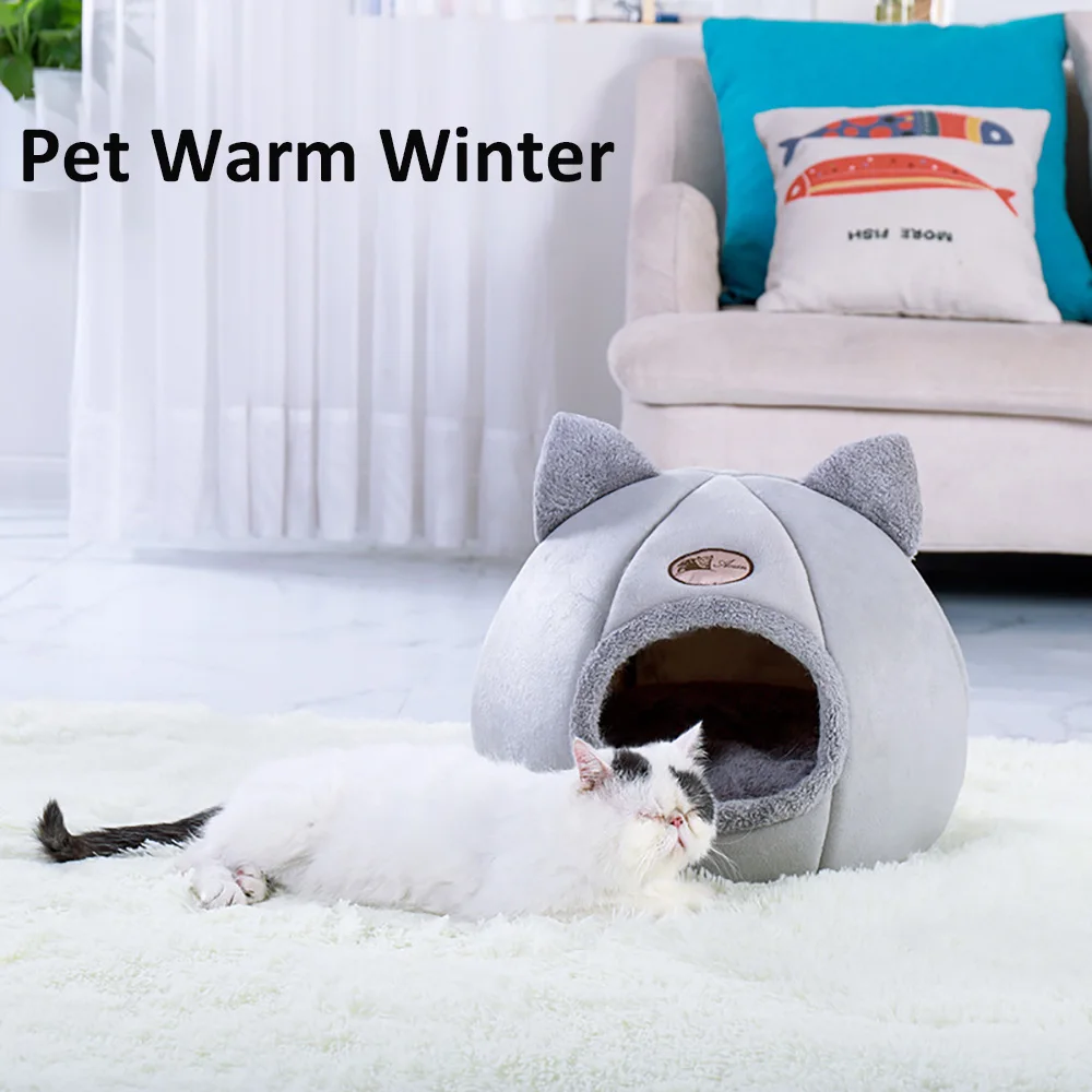 

Soft Cat Cave Bed Warm Home For Kitten Puppy Sleeping House Pet Fold Velvet Nest For Winter Detachable Washable Gray Mat