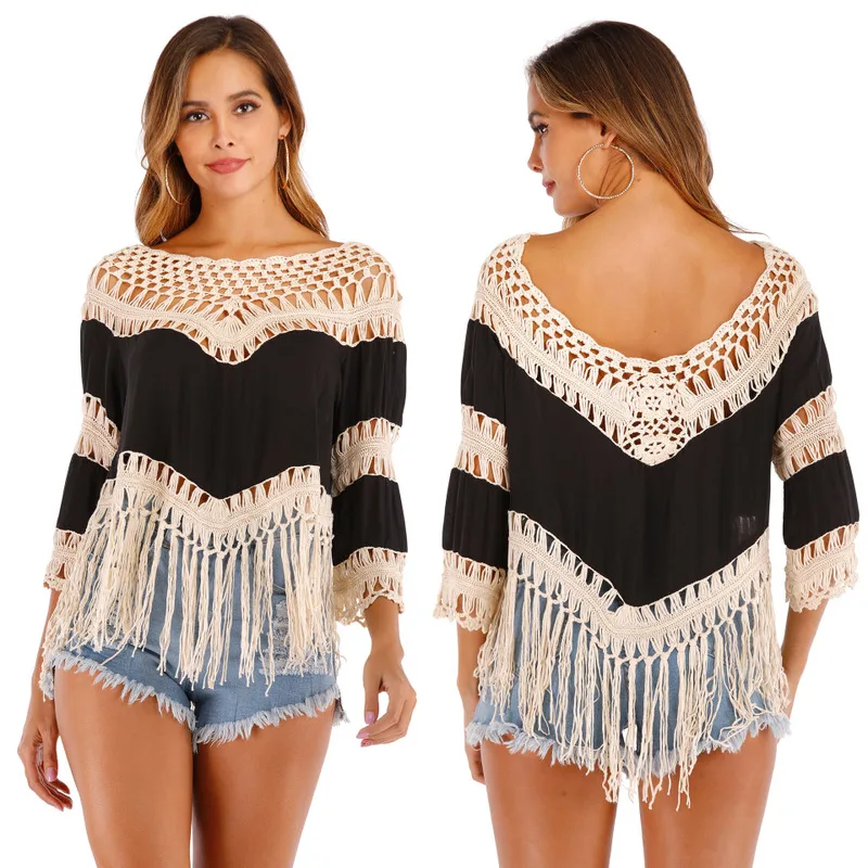 

Pareo Beach Female Swimsuit 2020 Suits Summer Dresses Cover-Ups Woman Irregular Hollow 7 Minutes Long Sleeve Joker Smock