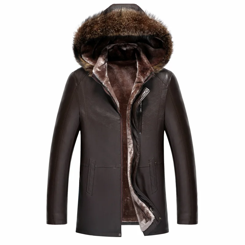 Зимняя Новая высококачественная утепленная теплая куртка Cuir Homme Hiver воротник из натурального меха куртка из искусственной кожи с капюшоном - Цвет: DARK BROWN